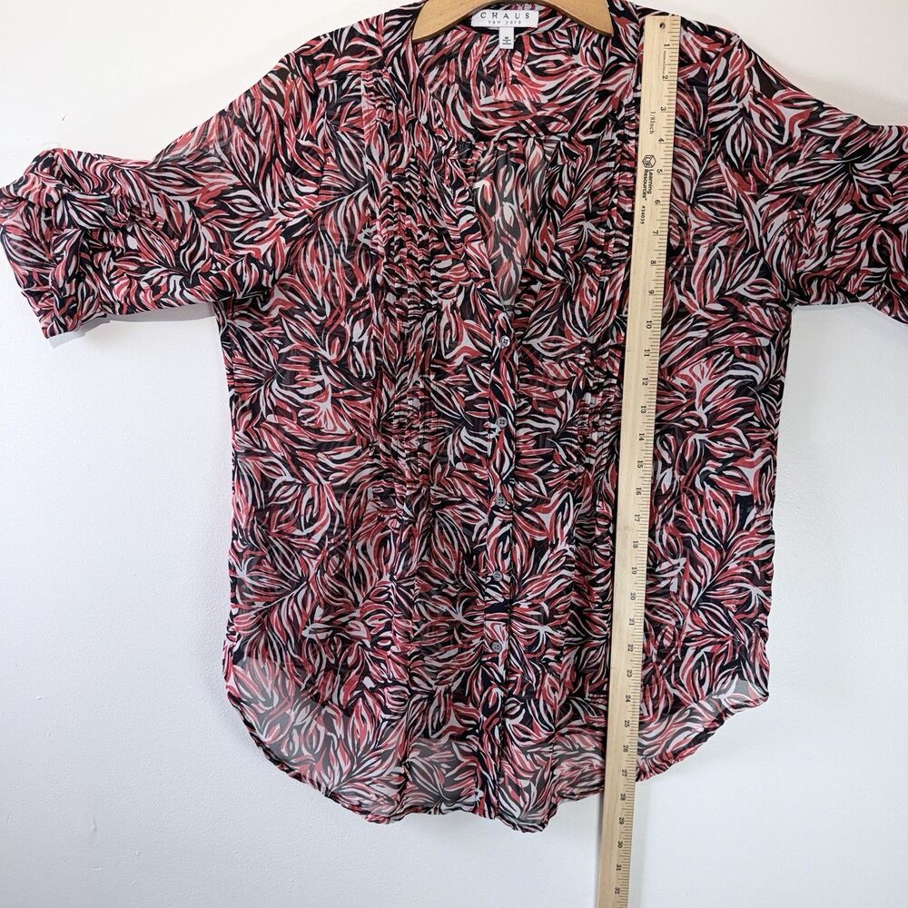 CHAUS NY Women’s Blouse Red-black-white Leaf Print Roll Tab 3/4 Sleeve Sz M - Picture 4 of 6